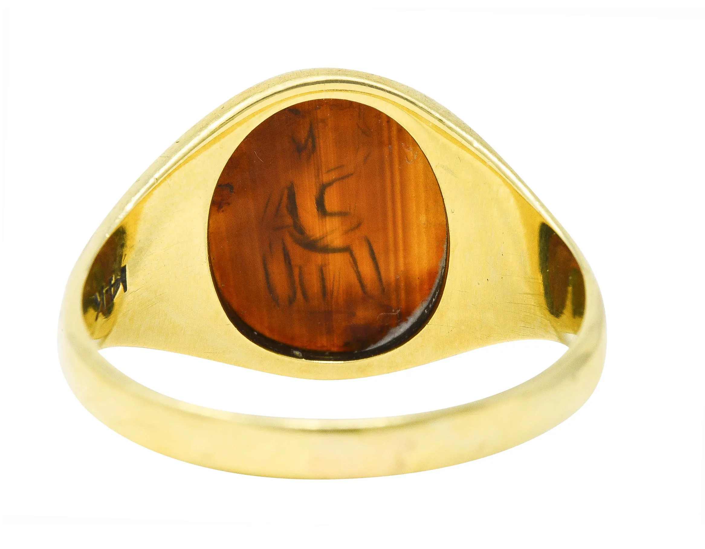 Art Deco Egyptian Revival Banded Agate 14 Karat Yellow Gold Pharaoh Intaglio Unisex Signet Ring