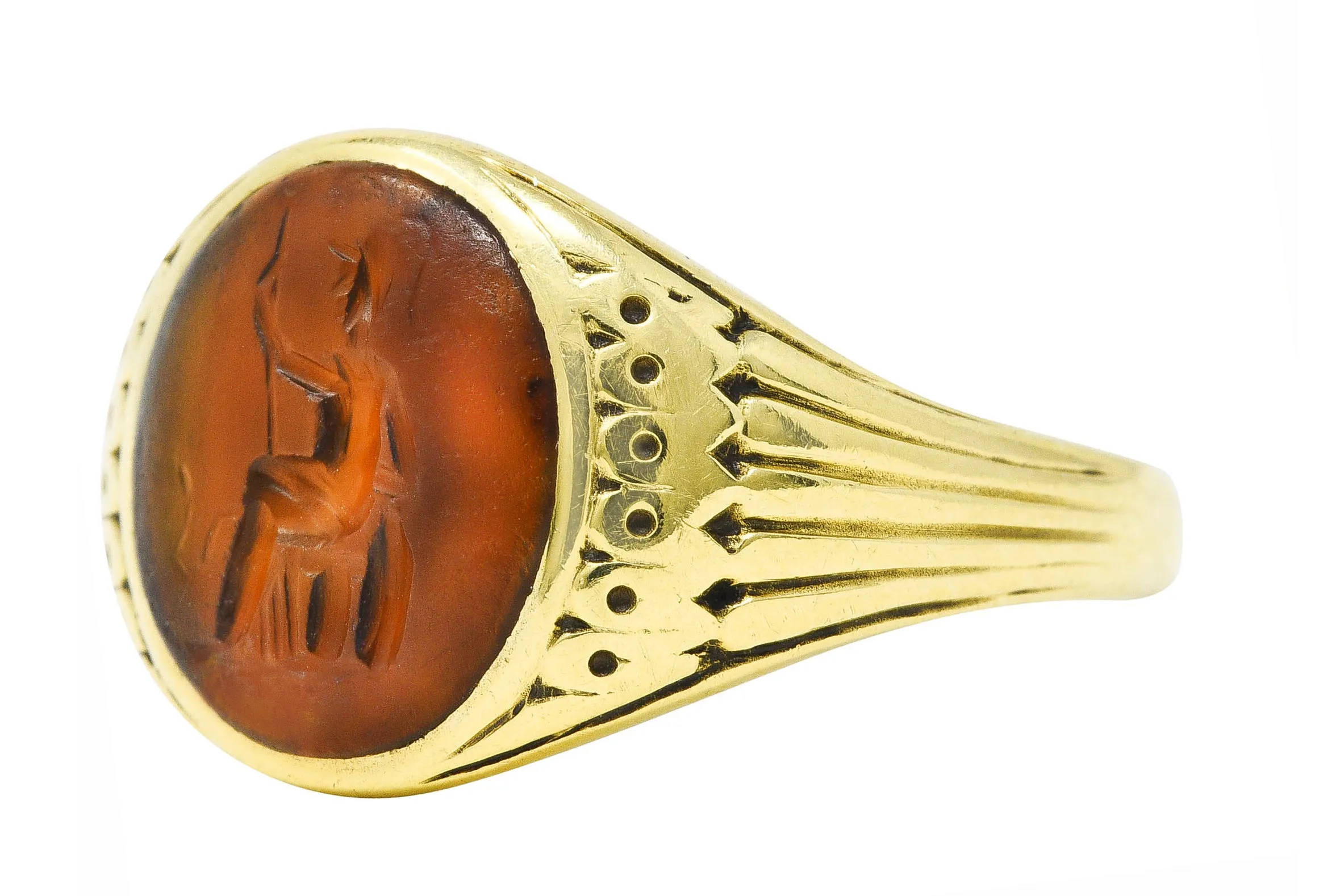 Art Deco Egyptian Revival Banded Agate 14 Karat Yellow Gold Pharaoh Intaglio Unisex Signet Ring
