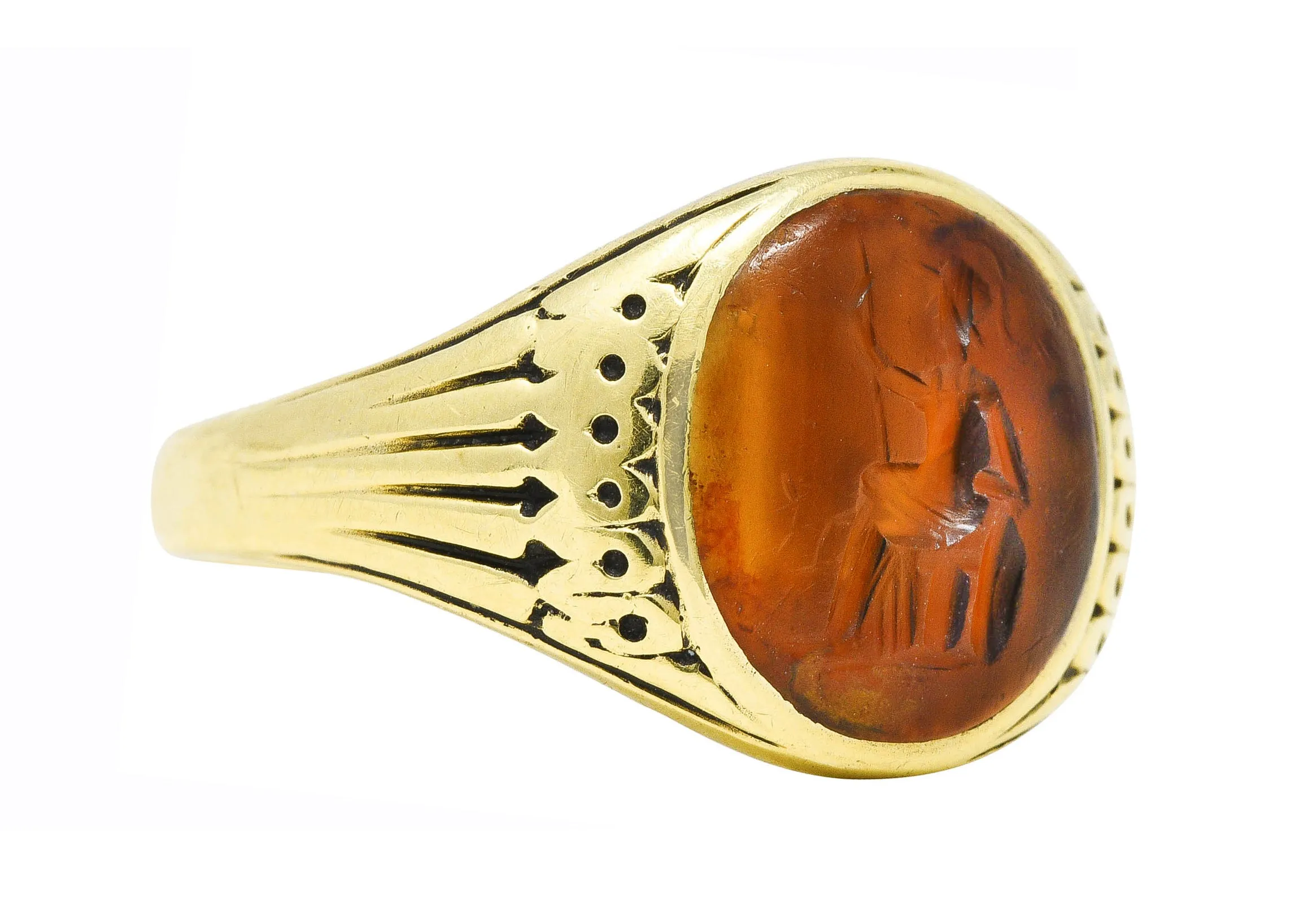 Art Deco Egyptian Revival Banded Agate 14 Karat Yellow Gold Pharaoh Intaglio Unisex Signet Ring