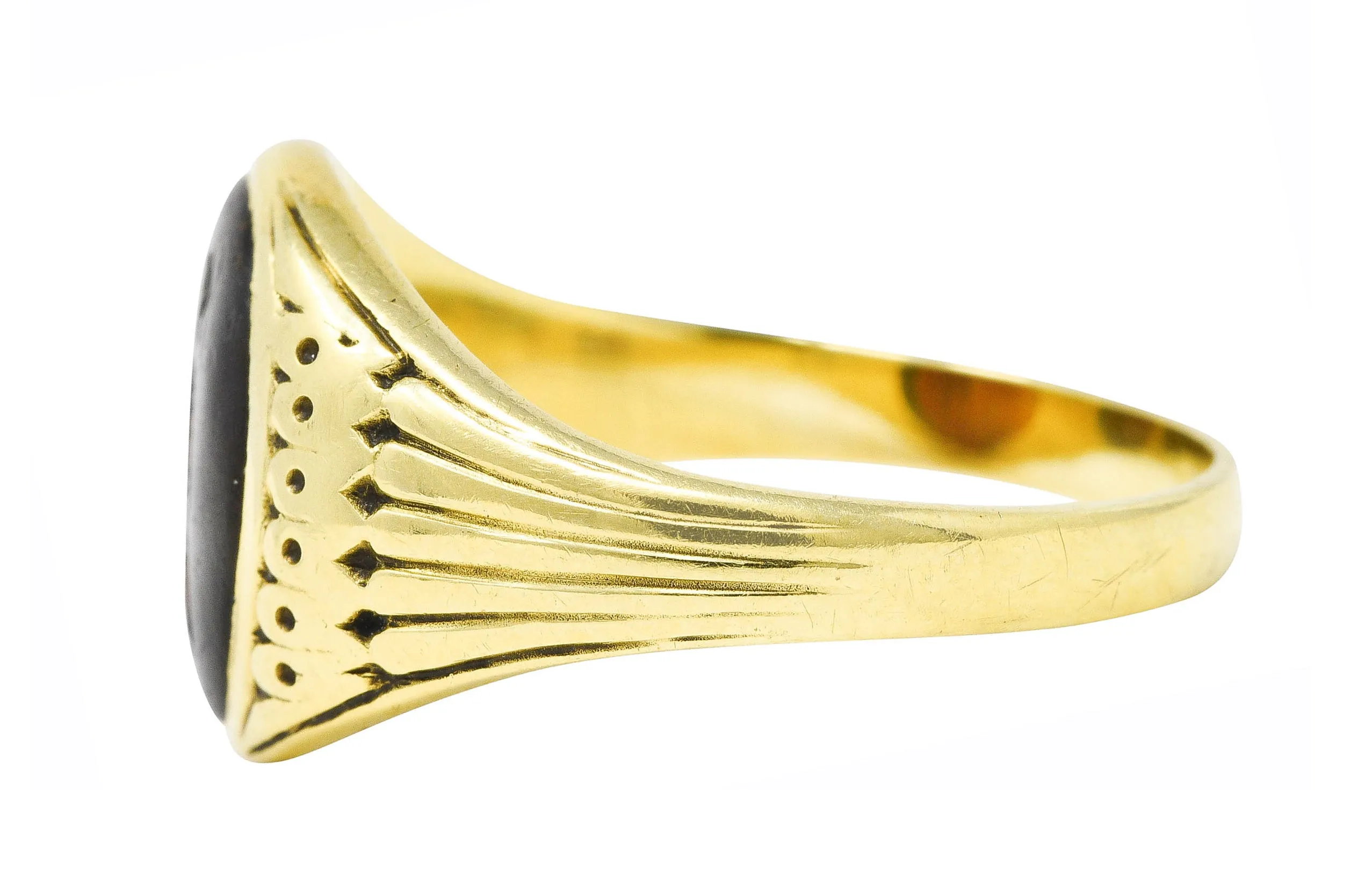 Art Deco Egyptian Revival Banded Agate 14 Karat Yellow Gold Pharaoh Intaglio Unisex Signet Ring