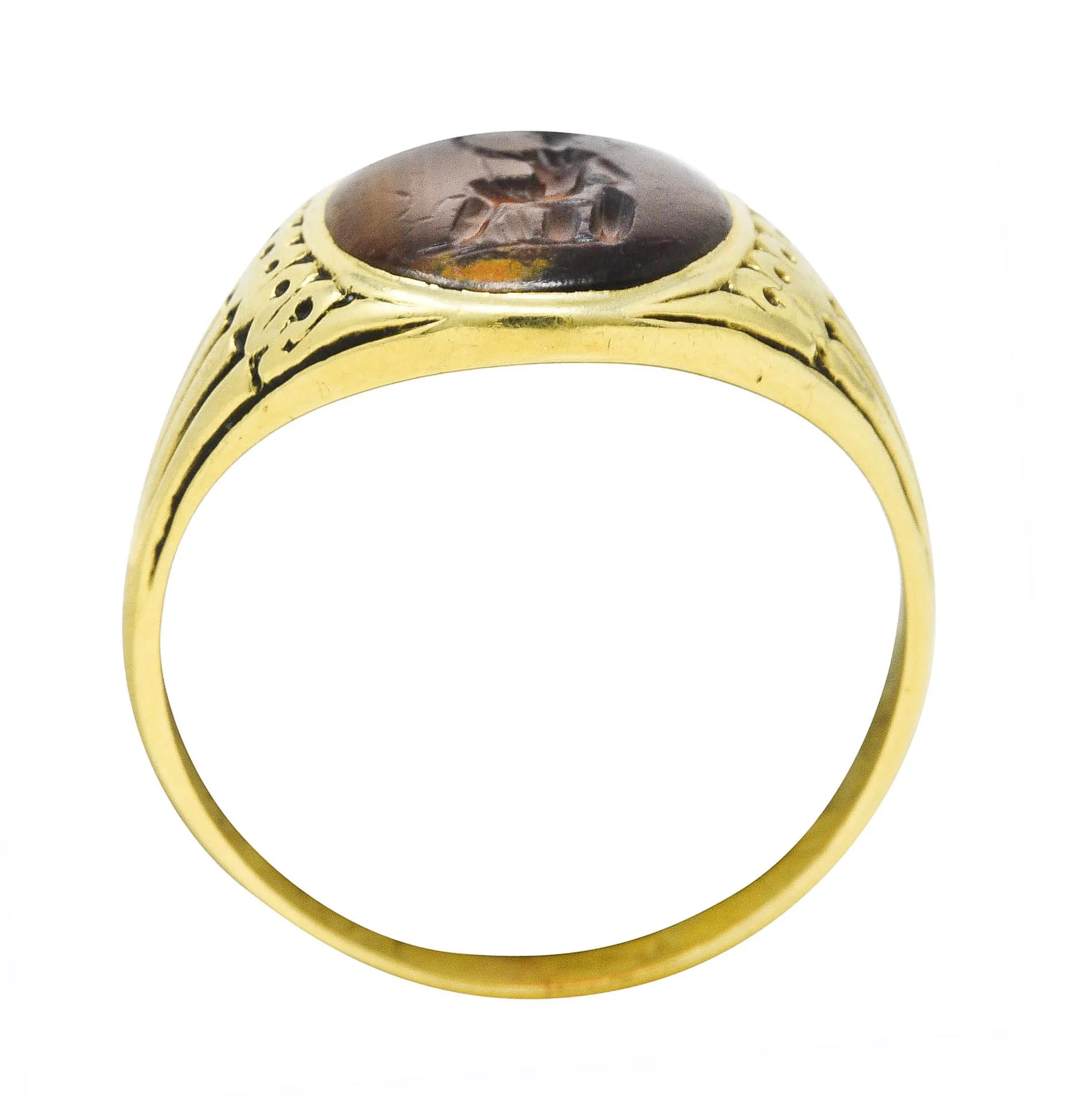 Art Deco Egyptian Revival Banded Agate 14 Karat Yellow Gold Pharaoh Intaglio Unisex Signet Ring