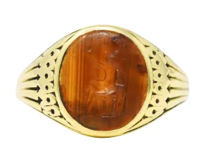 Art Deco Egyptian Revival Banded Agate 14 Karat Yellow Gold Pharaoh Intaglio Unisex Signet Ring