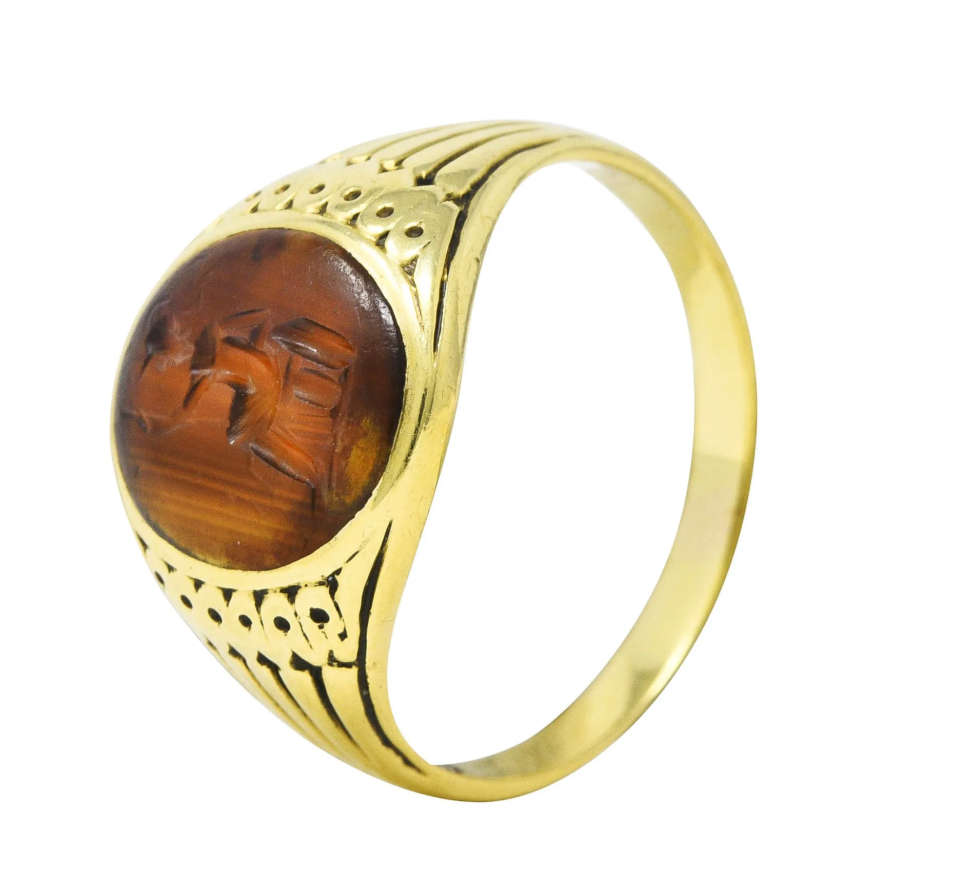 Art Deco Egyptian Revival Banded Agate 14 Karat Yellow Gold Pharaoh Intaglio Unisex Signet Ring