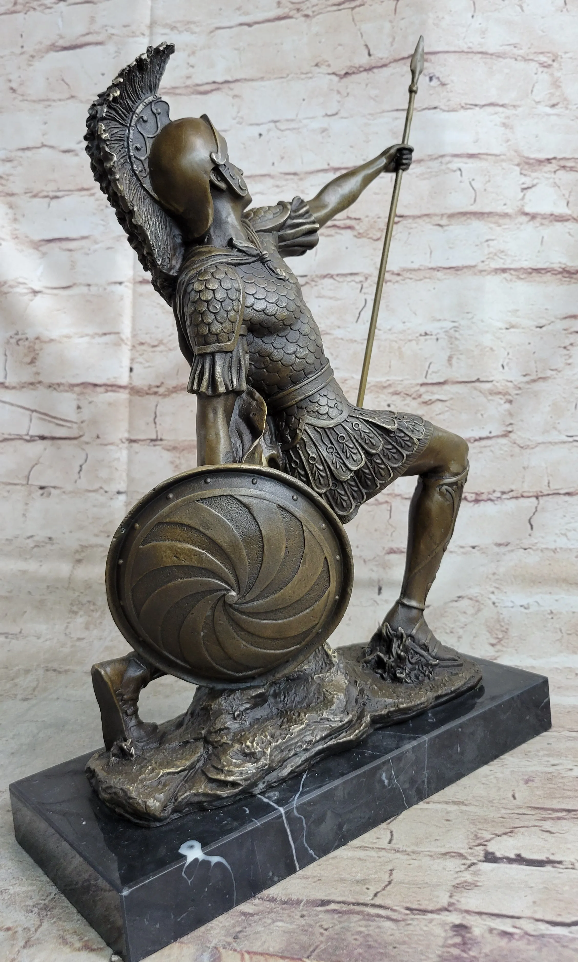 Greek Hoplite Roman Legion Warrior Hero Bronze Statue Sculpture on Marble Base