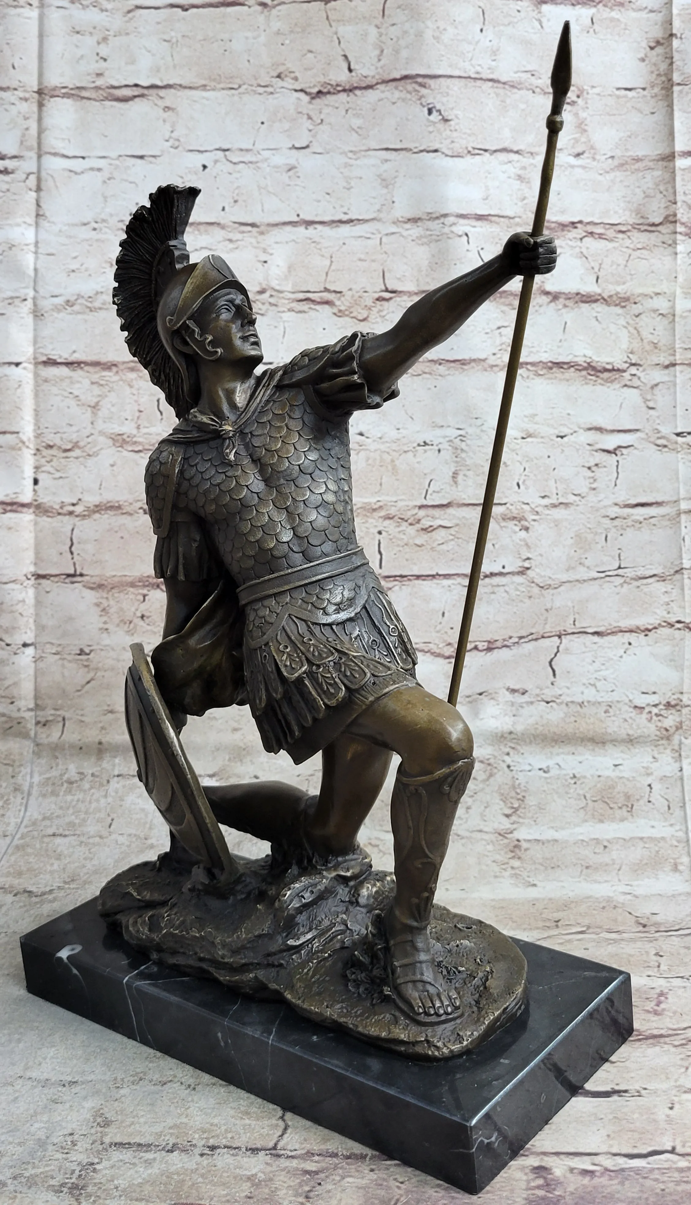 Greek Hoplite Roman Legion Warrior Hero Bronze Statue Sculpture on Marble Base