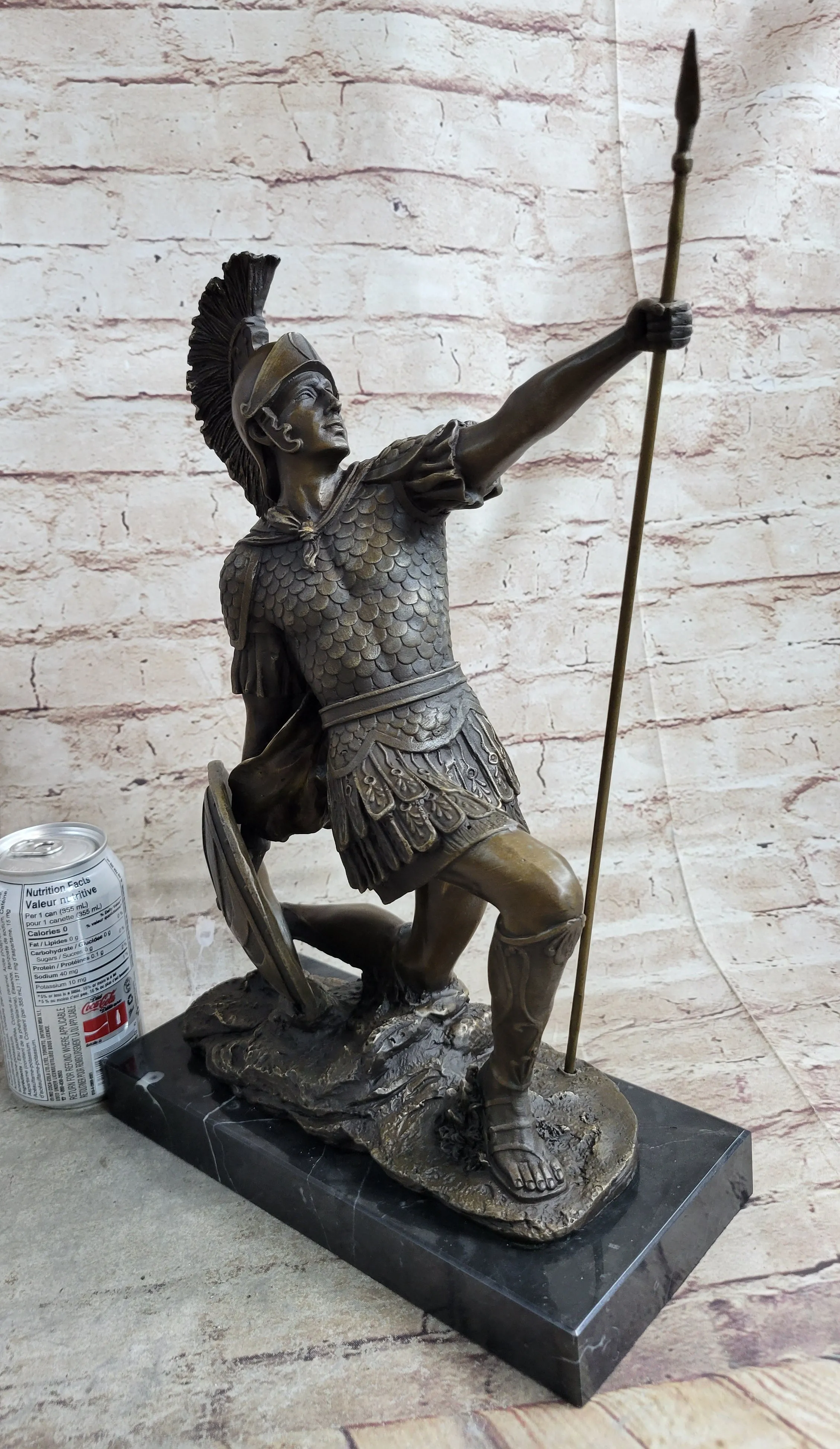 Greek Hoplite Roman Legion Warrior Hero Bronze Statue Sculpture on Marble Base
