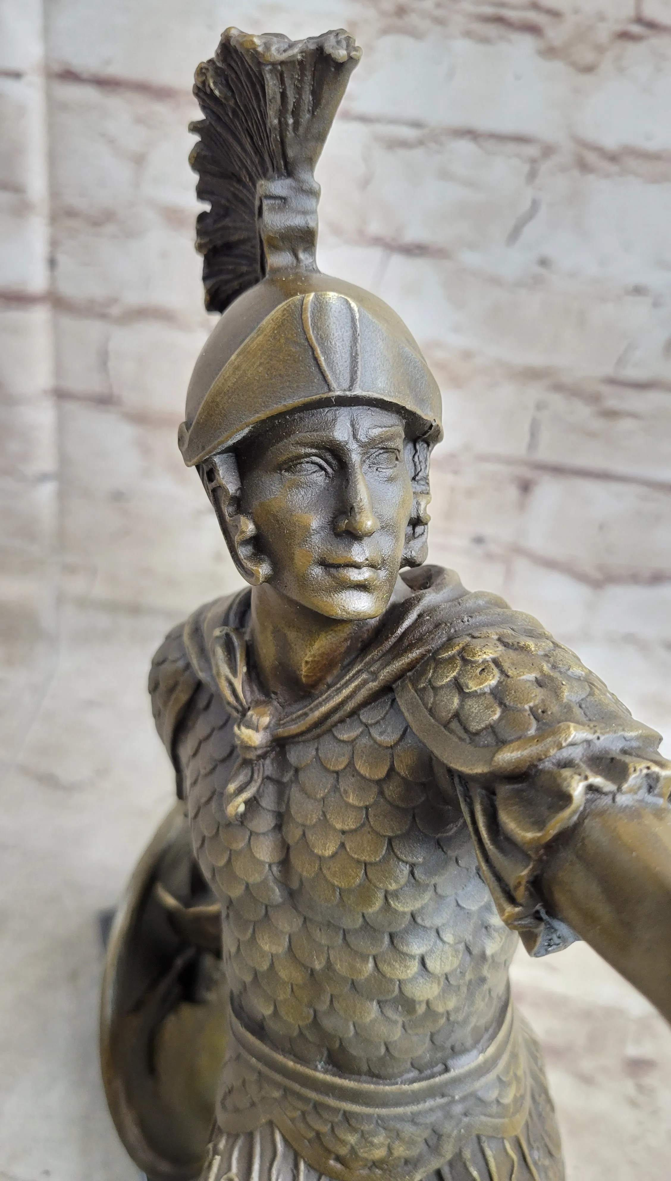 Greek Hoplite Roman Legion Warrior Hero Bronze Statue Sculpture on Marble Base