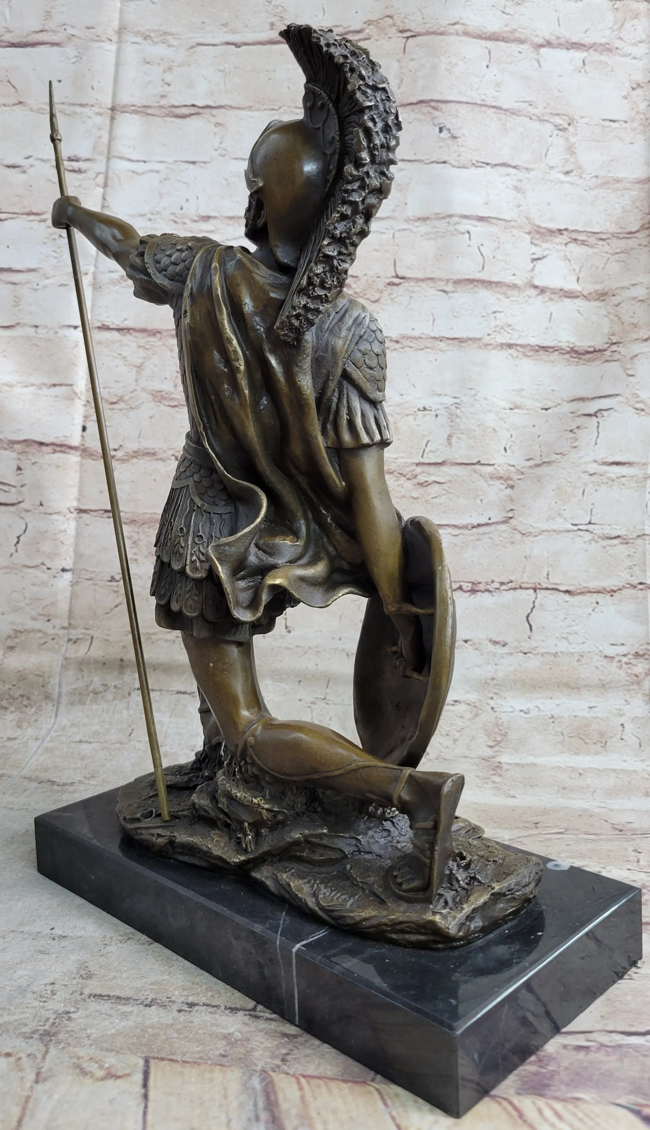 Greek Hoplite Roman Legion Warrior Hero Bronze Statue Sculpture on Marble Base