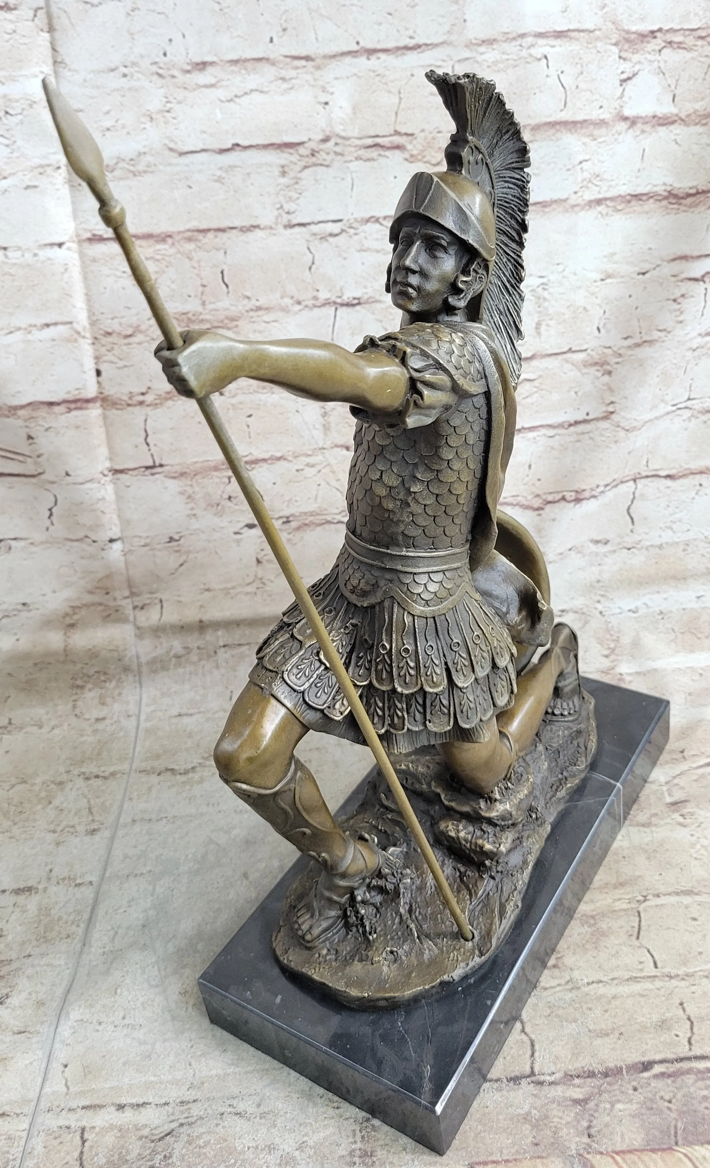 Greek Hoplite Roman Legion Warrior Hero Bronze Statue Sculpture on Marble Base