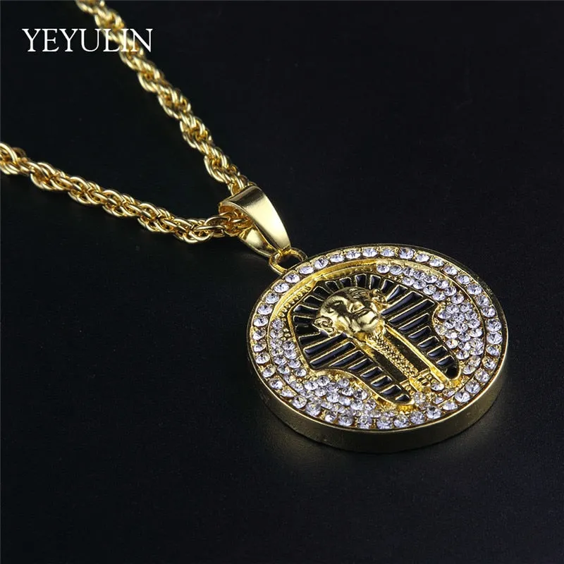 Hip Hop Bling Rhinestone Pharaoh Pendant Necklace