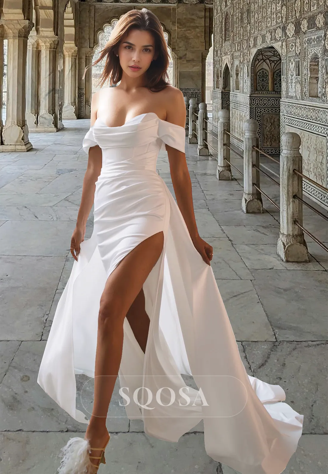 Off-Shoulder Sweetheart Sleeveless Pleated Satin Mermaid Wedding Dress with Overskirt