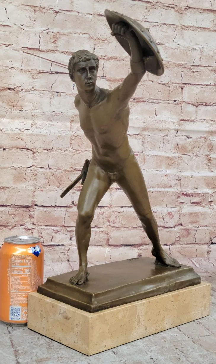 Roman Gladiator Bronze Metal Statue Sculpture Figure on Marble Base 17" x 21"