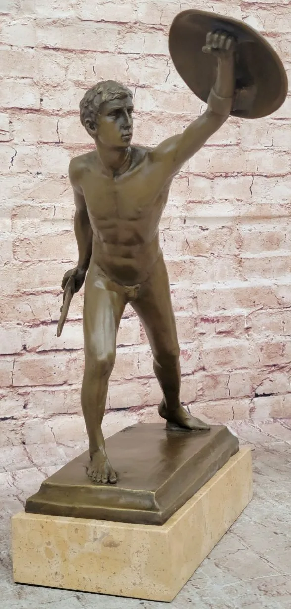 Roman Gladiator Bronze Metal Statue Sculpture Figure on Marble Base 17" x 21"