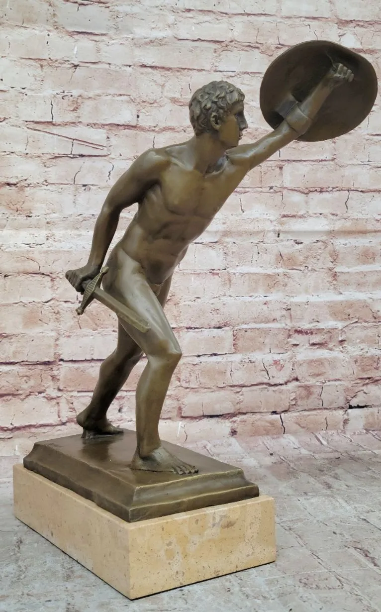 Roman Gladiator Bronze Metal Statue Sculpture Figure on Marble Base 17" x 21"