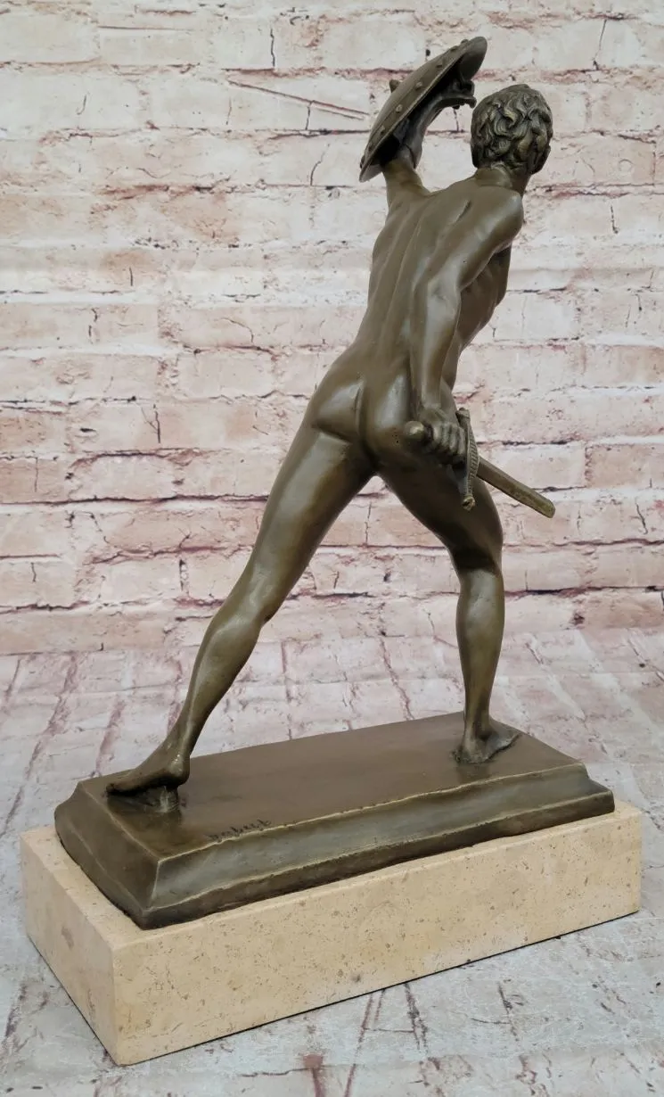 Roman Gladiator Bronze Metal Statue Sculpture Figure on Marble Base 17" x 21"