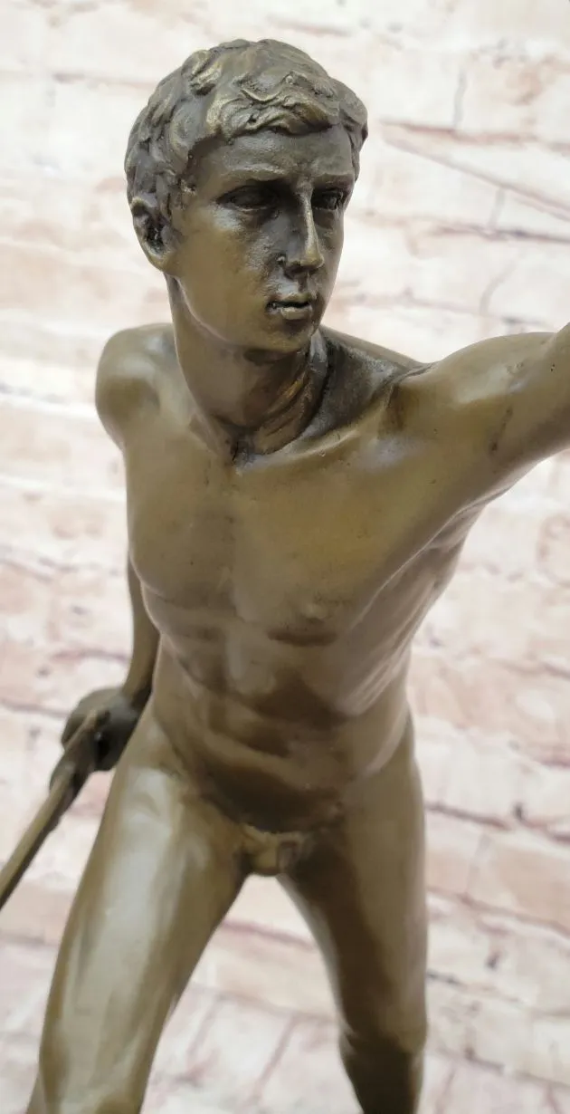Roman Gladiator Bronze Metal Statue Sculpture Figure on Marble Base 17" x 21"