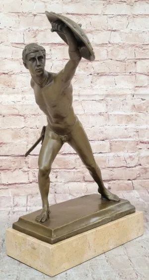 Roman Gladiator Bronze Metal Statue Sculpture Figure on Marble Base 17" x 21"
