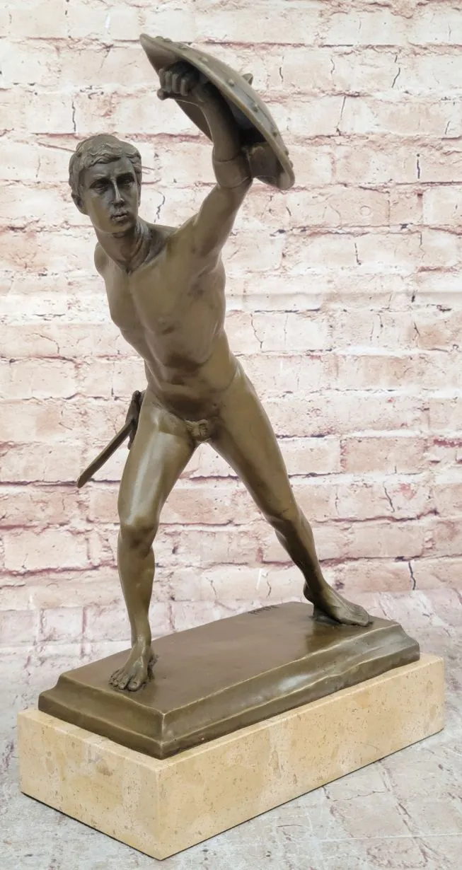 Roman Gladiator Bronze Metal Statue Sculpture Figure on Marble Base 17" x 21"