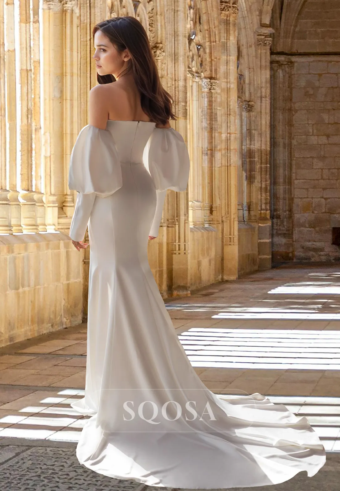Sweetheart Off-Shoulder Long-Puff-Sleeves Mermaid Wedding Dress Pleated Train Bride Gowns with High Slit